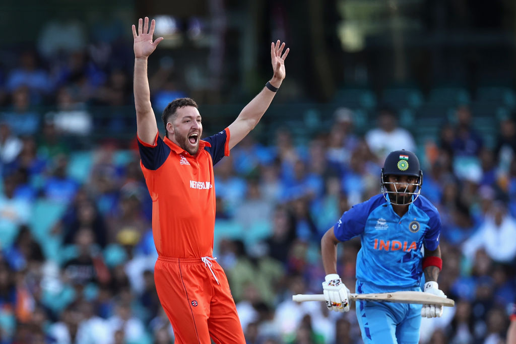 KL Rahul was trapped leg before by Paul van Meekeren.