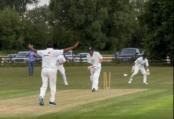 Wasim Akram castles Michael Atherton with a toe-crushing yorker.