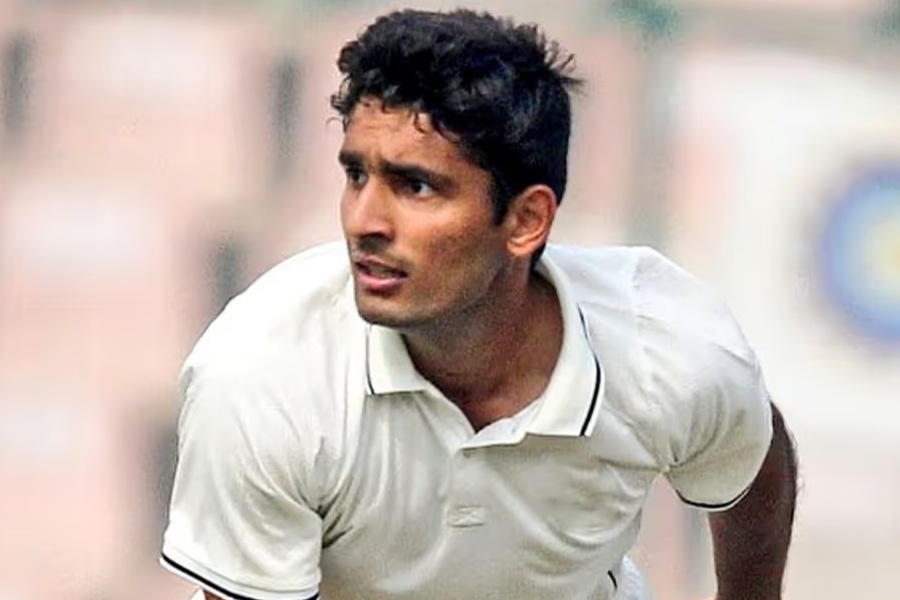 Anshul Kamboj in action during a first-class match
