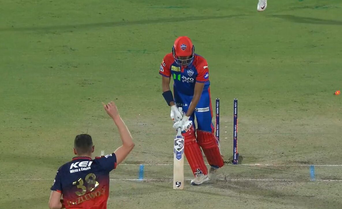 Axar's middle stump was shattered by Josh Hazlewood's peach.