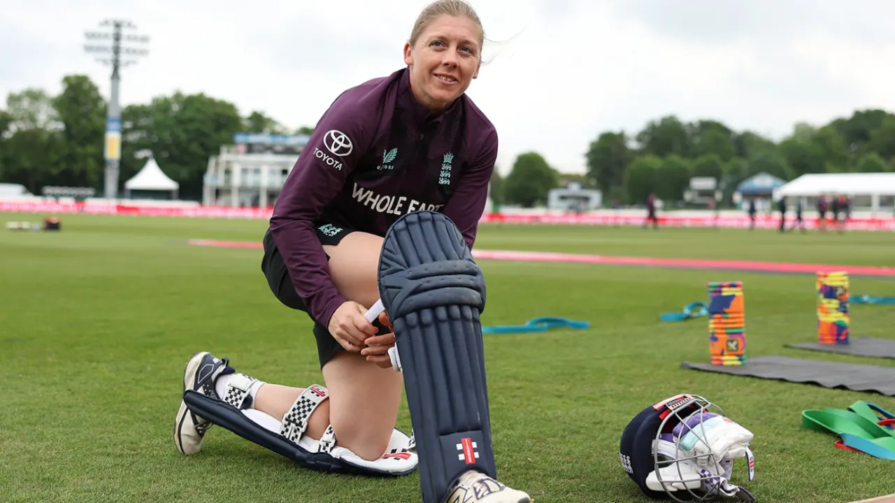 Heather Knight getting ready for a batting stint during a training session with the England women's team