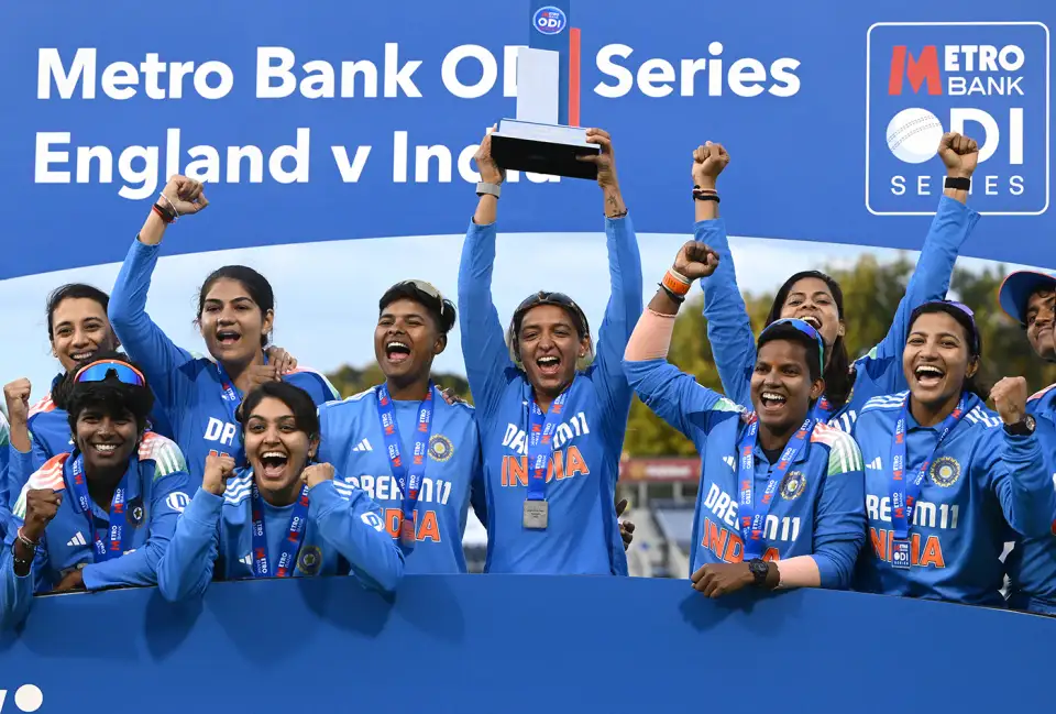 Harmanpreet Kaur raises the Metro Bank ODI Trophy after helping India defeat England Women at Chester-le-Street to seal the series 201