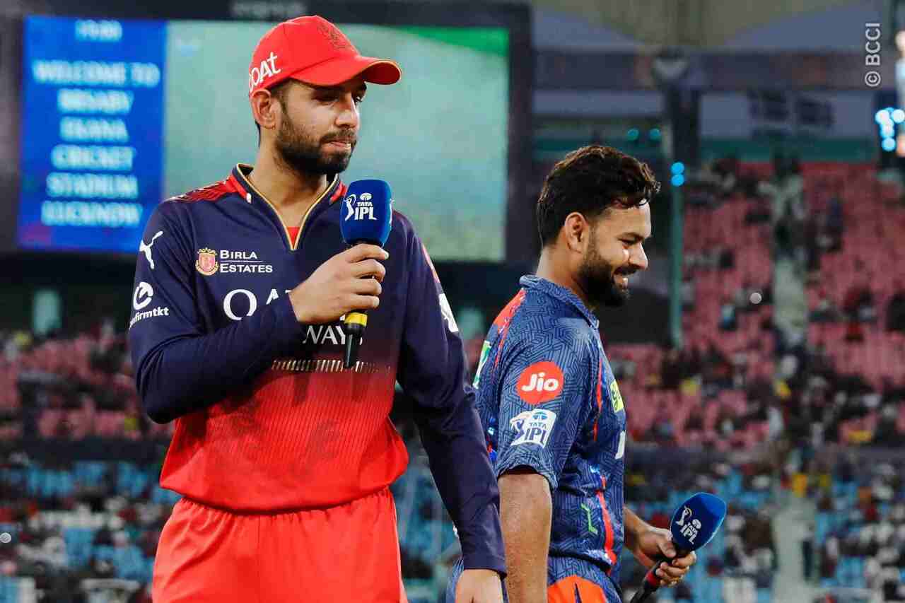 Jitesh Sharma during the toss before the LSG vs RCB game in Lucknow in IPL 2025.