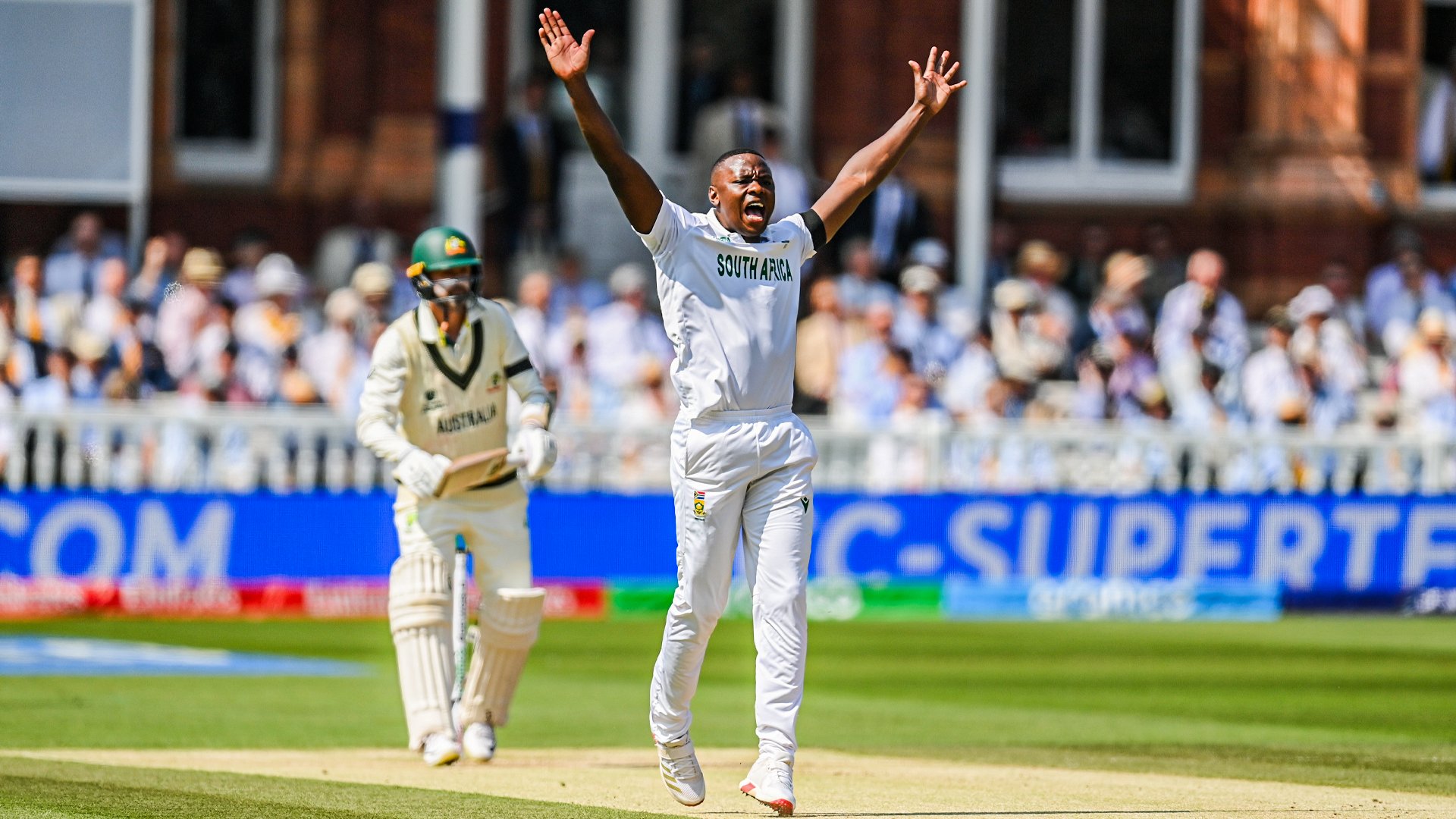 Kagiso Rabada appeals successfully for an LBW dismissal in the WTC 2025 final against Australia at Lord's.