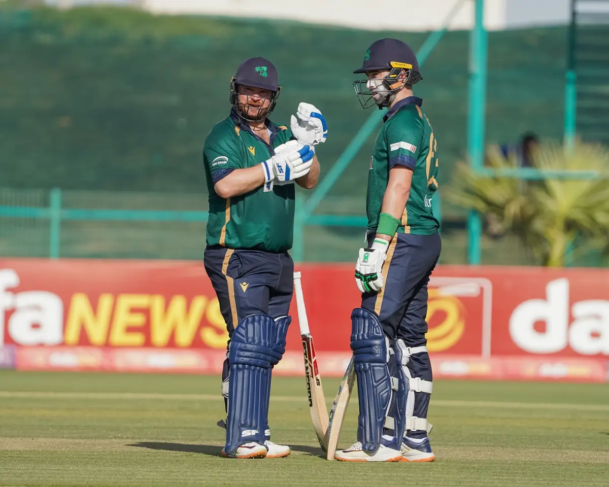 Paul Stirling and Andy Balbirnie during the IRE vs WI ODI match at Castle Avenue in Dublin.