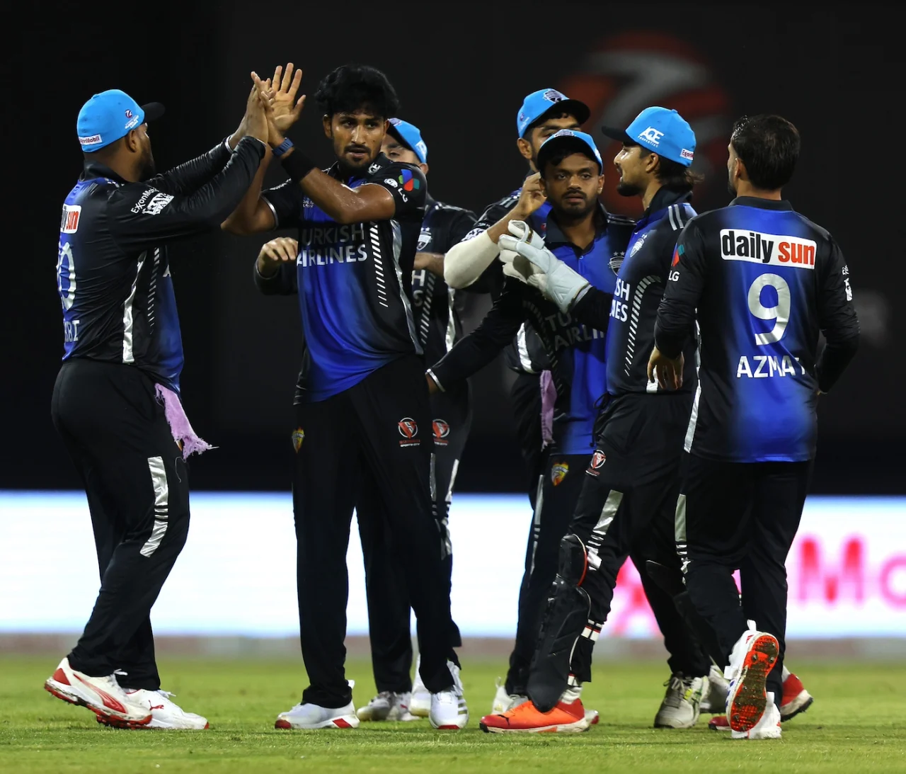Khaled Ahmed of Rangpur Riders celebrates with his teammates during GAW vs RR, Match 2, GSL 2025