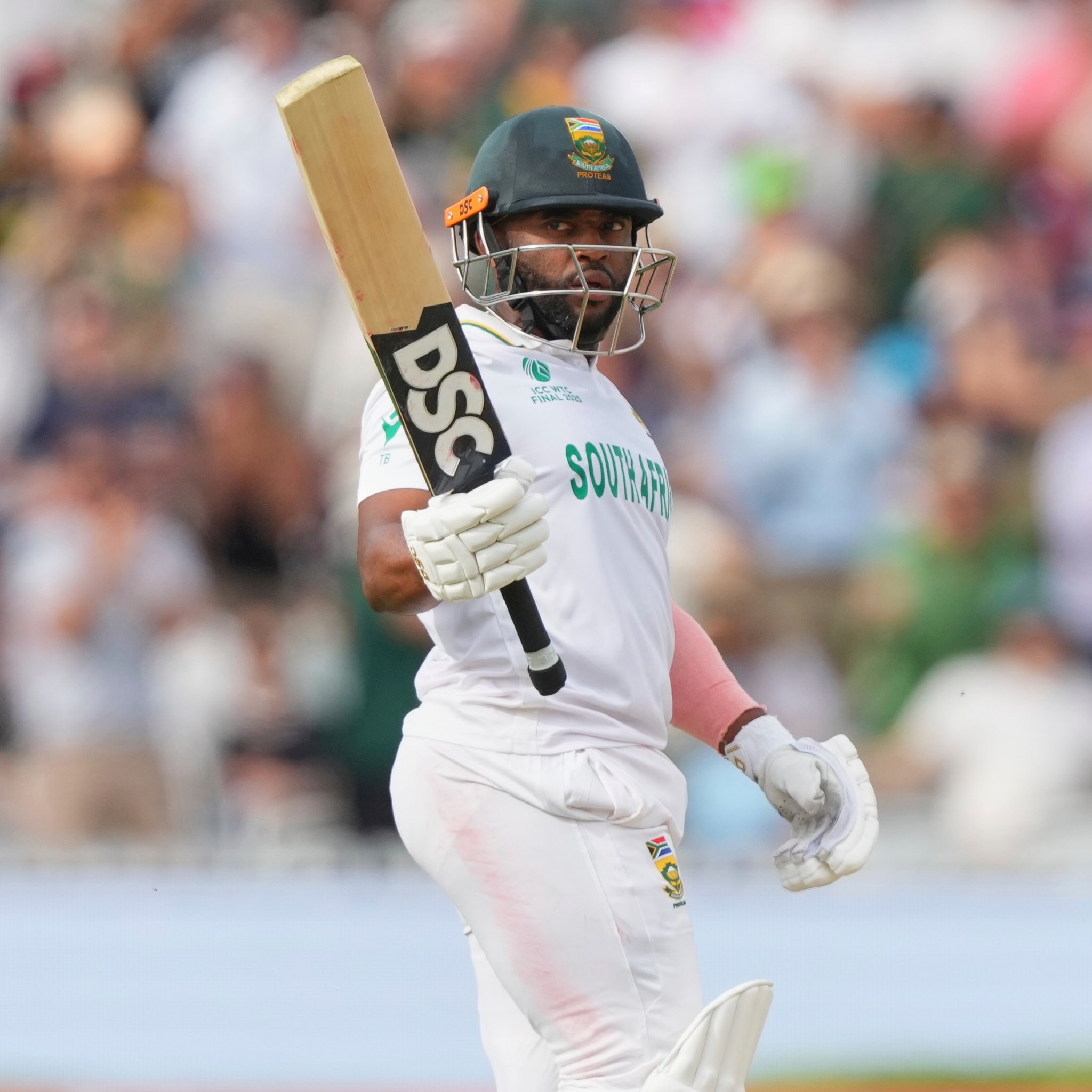 South Africa captain Temba Bavuma waves his bat after scoring his half-century against Australia in the WTC 2025 final at Lord's.