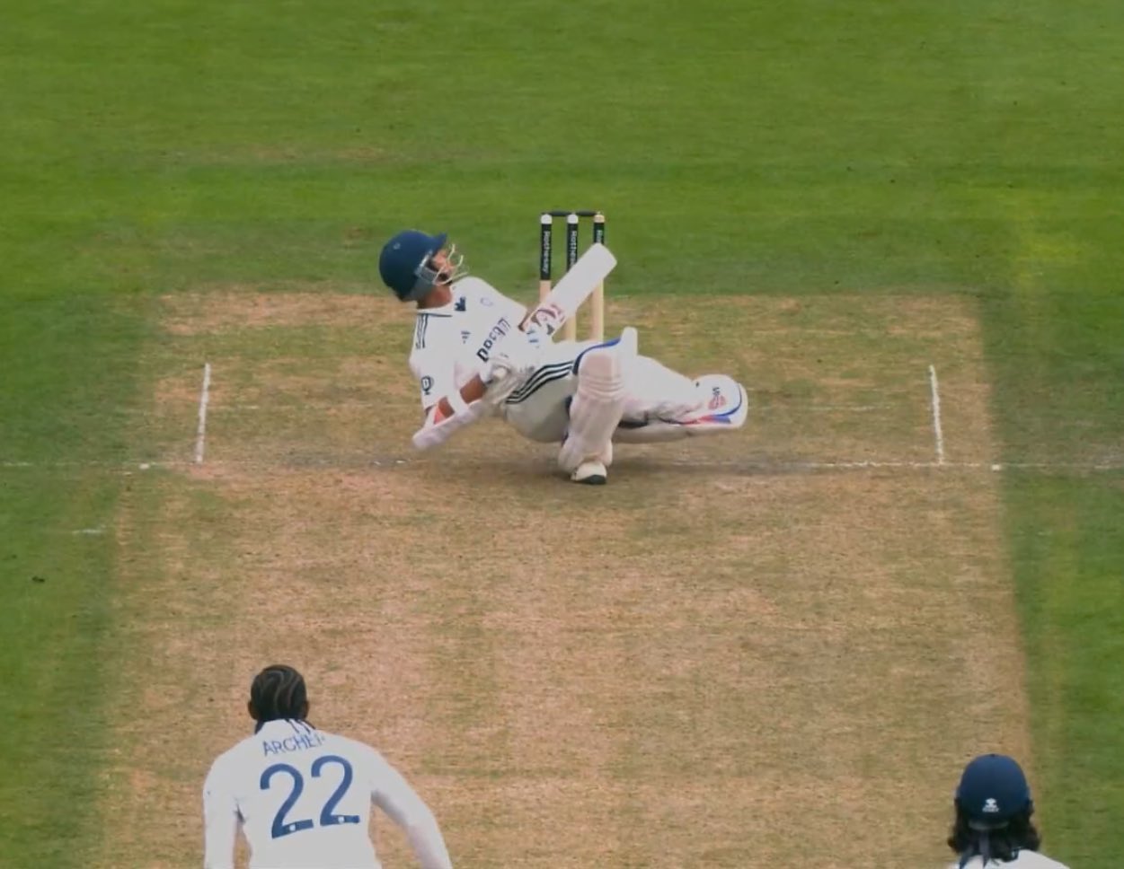 Yashasvi Jaiswal scoring a boundary against Jofra Archer at Old Trafford in Manchester.