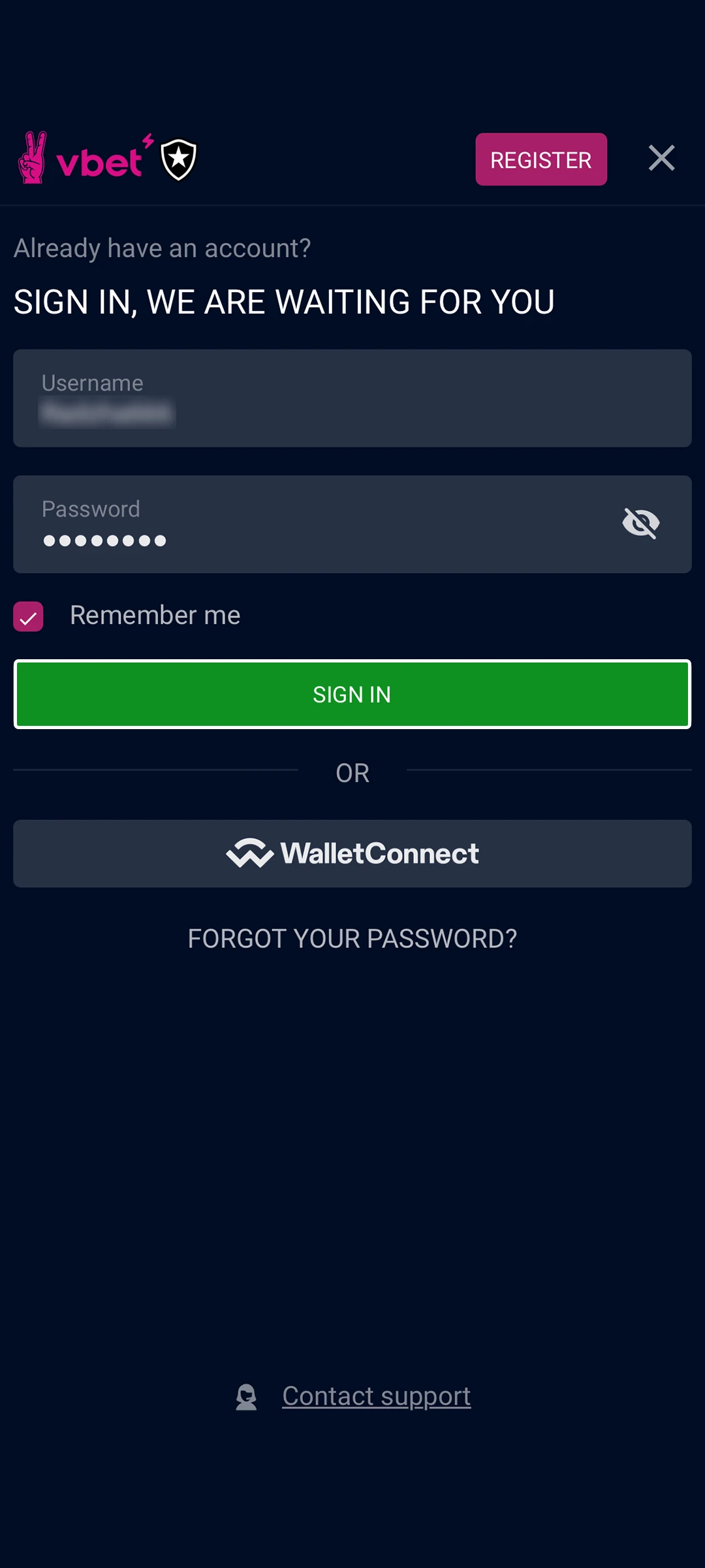 Filled in login and password window on the Vbet website.