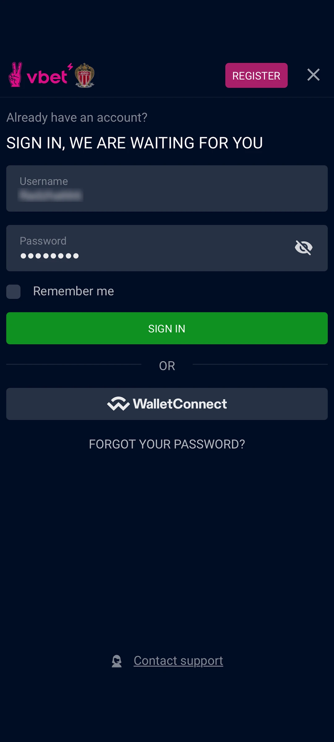 Login and password entry window on the Vbet website.